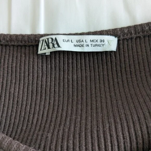 Zara Top Women's Large Brown Cropped Ribbed Cut-Out Long Sleeve Asymmetric Shirt - Picture 7 of 13
